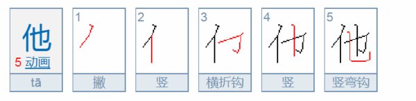 “他”字在田字格中如何书写?