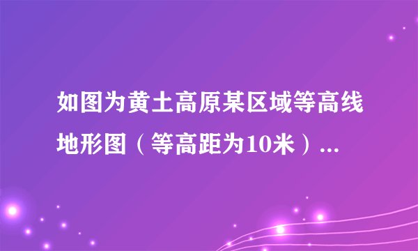 如图为黄土高原某区域等高线地形图（等高距为10米），图中阴影部分为河流。据此完成4～6题。窑洞是黄土高原地区的传统民居，图中四点最适合建窑洞的是（　　）A.甲地B.乙地C.丙地D.丁地